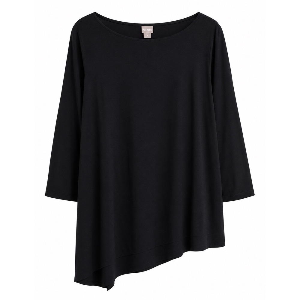 NWT Chico's Touch of Cool Asymmetrical Tunic Top L Black 3/4 Sleeve Stretch $50